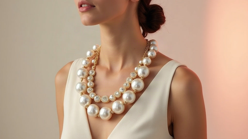 Woman wearing a bold layered baroque pearl necklace