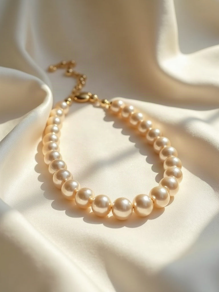Baroque pearl necklace and bracelet draped on cream silk
